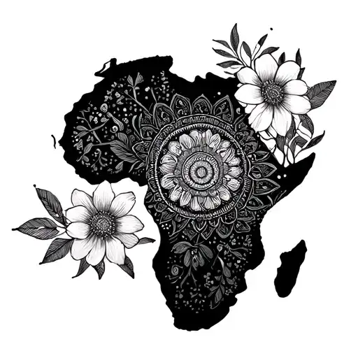 Africa Map With Flowers And Mandala African Style Fine Line Minimalist