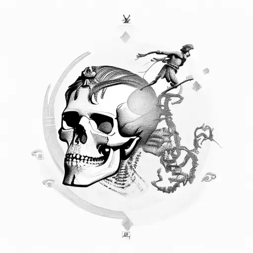 Half Skull With Alexander The Great Statue And Zue Lightning