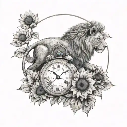 Small Tattoomama And Baby Lion With A Clock And Sunflowers