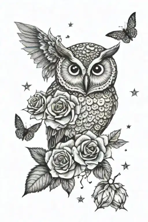 Roses And Owl With Stars Surrounding