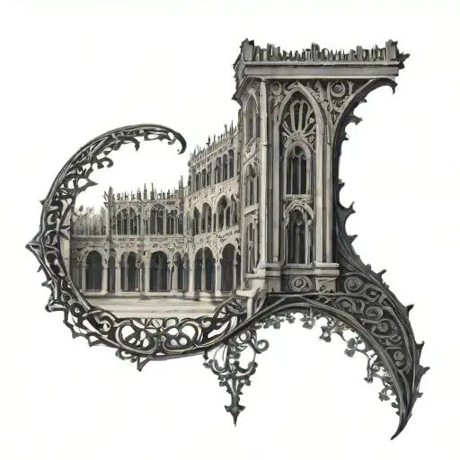 A Tattoo Featuring A Lace Pattern Intertwined With Gothic Architecture Elements