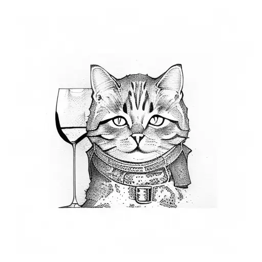 Cat With A Glass Of Wine Sitting On The Windowsill