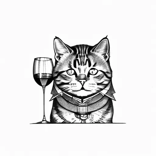 Cat With A Glass Of Wine Sitting On The Windowsill
