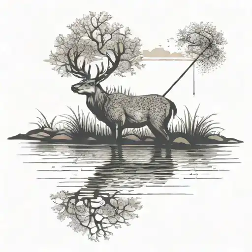 A Serene Fishing Scene With A Deer Quietly Observing From The Shore
