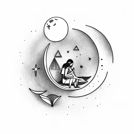 Girl Sitting On A Crescent Moon And Reading A Book