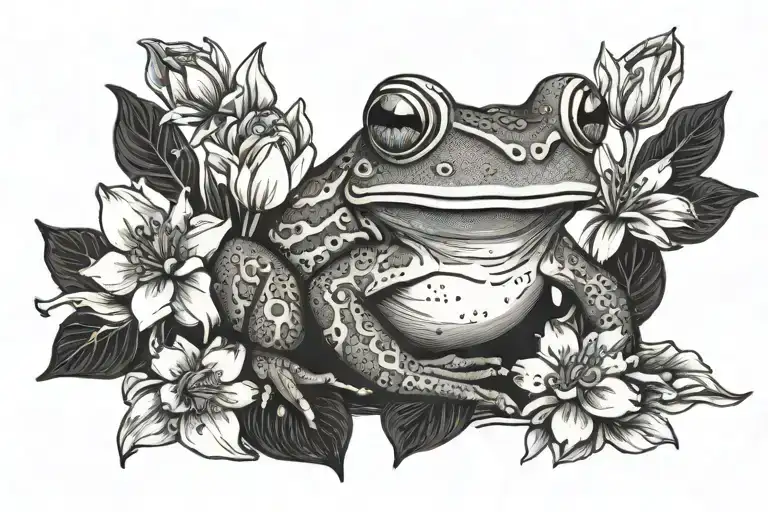 Front Facing Comic Frog And Spring Flowers Blooming