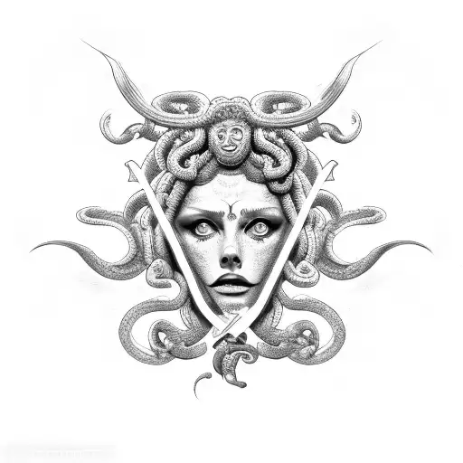 Medusa Name With A Dagger Going Through The Name And A Snake Wrapping Around The Dagger