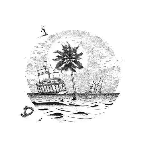 Palm Trees On A Beach With A Setting Sun And An Old Shipwreck