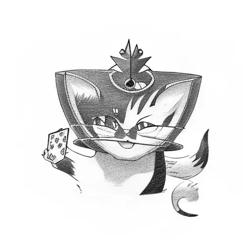 A Tattoo Design Of A Cat Playing With Pokemon Cards In Dotwork Style