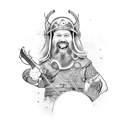 A Dotwork Tattoo Of A Jovial Viking Singing And Playing A Guitar