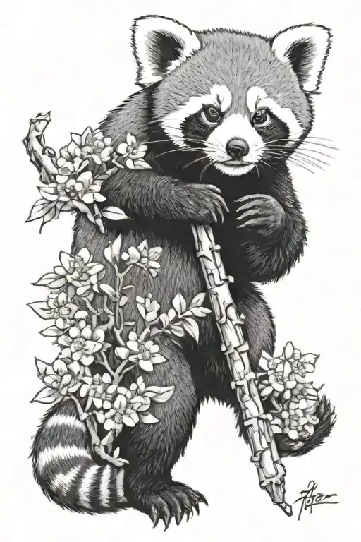 Red Panda Holding Cherry Blossom Branch With Asian Paint Brush Work