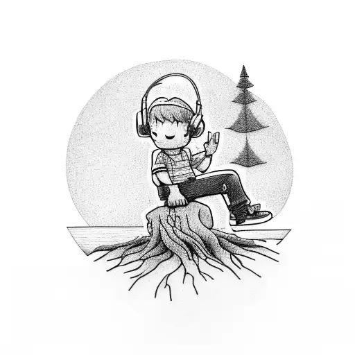 Boy Sitting Under The Tree Listening To Music In Sunrise