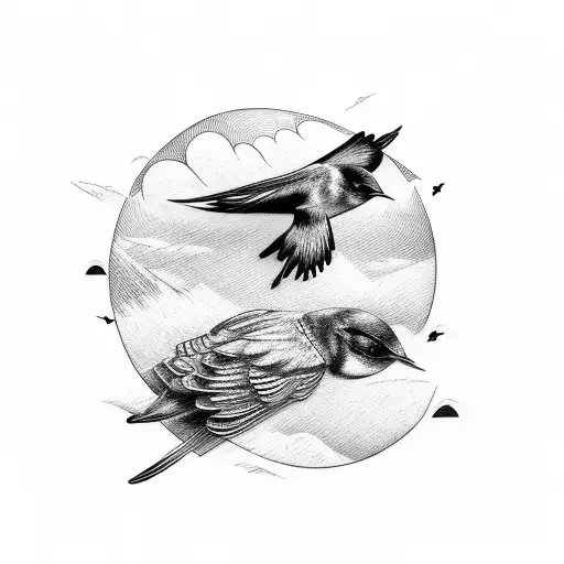 An Intricate Tattoo Of A Finnish Teacher Driving A Race Car With Barn Swallows Flying Overhead