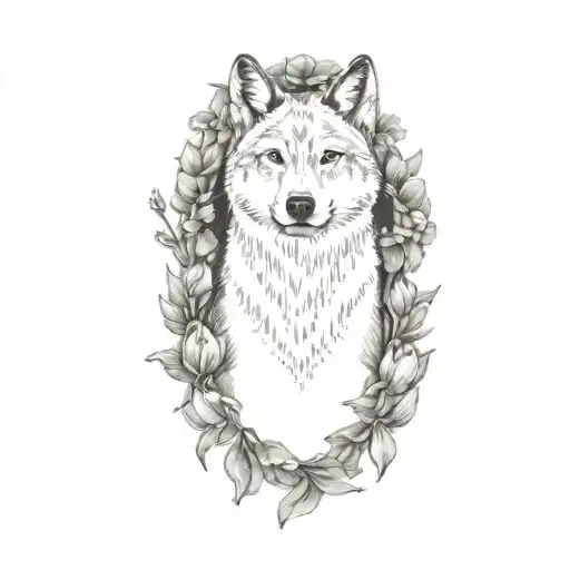 Realistic Wolf Surrounded By A Wreath Of Tulips And Bandanas