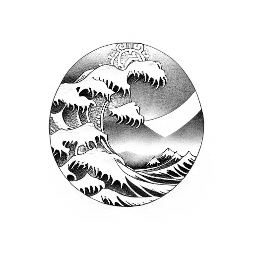 Japanese Wave Tattoo With Ferris Wheel And Bonsai Tree For Shoulder Or Black On Brown Skin