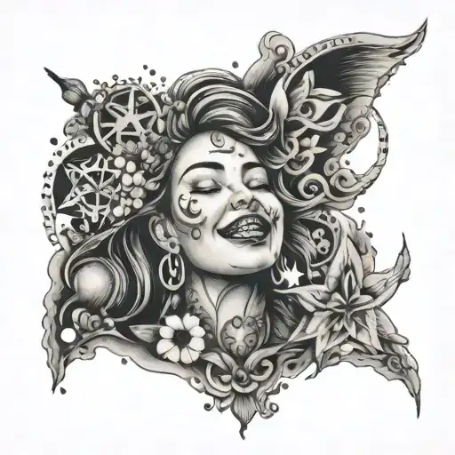 An Intricate Tattoo Design Of A Laughing Woman Surrounded By Healing Symbols