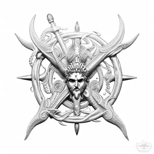 An Intricate Dotwork Design Of Poseidon's Trident Intertwined With Military Symbols
