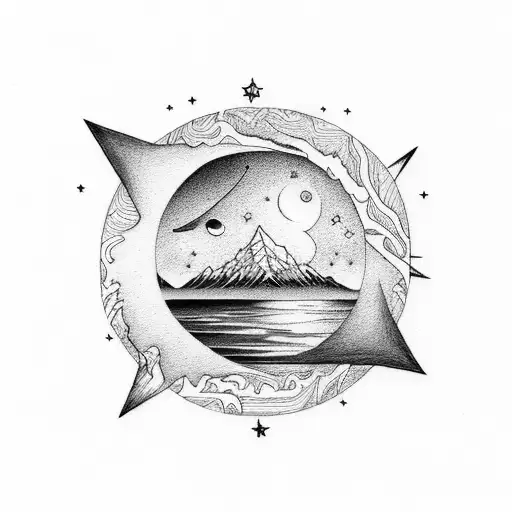 A Celestial Night Sky Filled With Stars And A Crescent Moon Over A Serene Lake