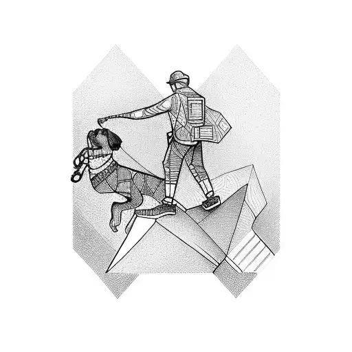 A Geometric Design Of A Worker Climbing A Skyscraper With A Dog Watching From Below