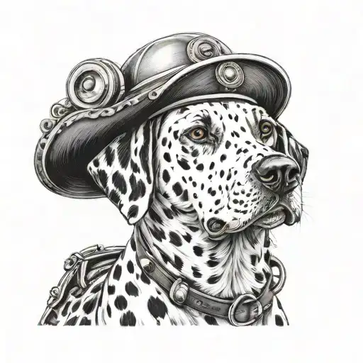 A Detailed Portrait Of A Dalmatian Dog Wearing A Fireman's Hat