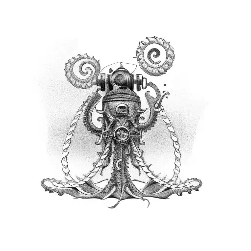 Old Diving Suit Surrounded By A Kraken