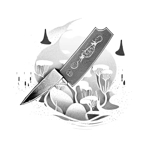 A Stylized Chef Knife With A Trail Of Footprints Leading To A Scenic Outdoor Landscape