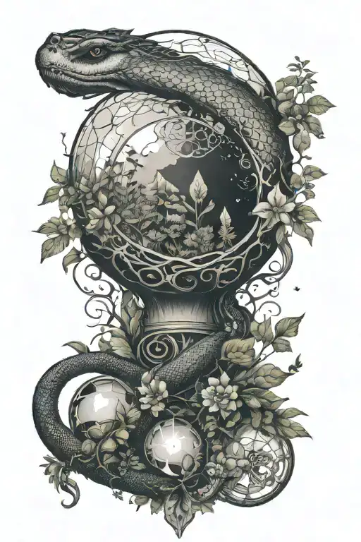A Serpent Coiling Around A Crystal Ball Surrounded By Lush Vegetation And Mysterious Symbols