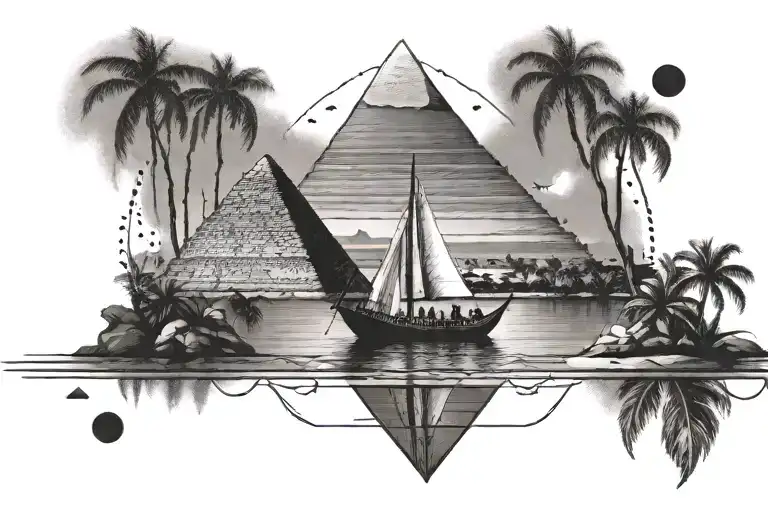 Egyptian Pyramid Boat In The Background Of The Nile River