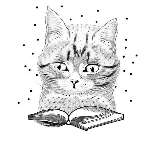 A Dotwork Pattern Of A Cat Curled Up Reading A Book Under A Starry Sky