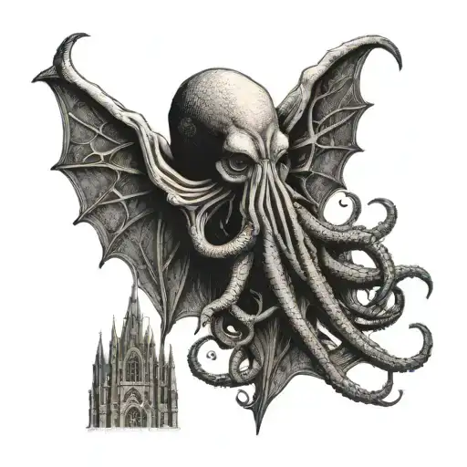 Cthulu In Front Of Gothic Cathedral Window