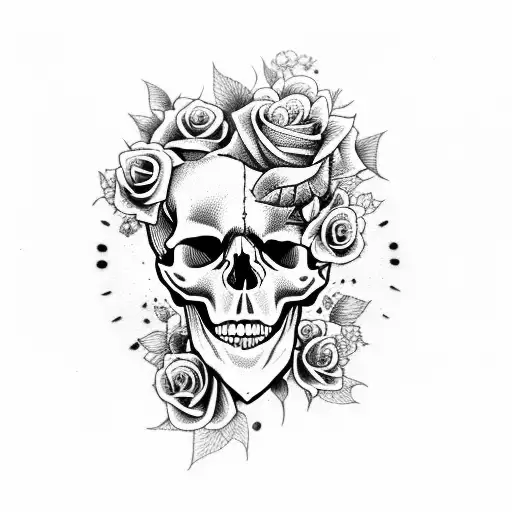 Skull With Lavender And Roses Around Its Head And Face