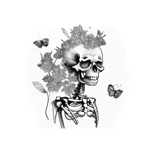 Side View Of Skeleton Surrounded By Wild Flowers And Small Butterflies And Dragon Flies