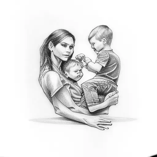 Tattoo On The Forearm Of A Mother With Her Son On Her Lap