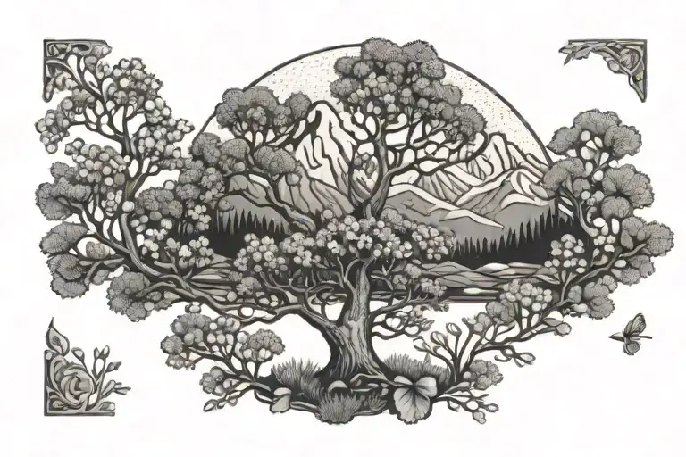 Oak Tree And Mountains And Snowdrops Black And White Outline