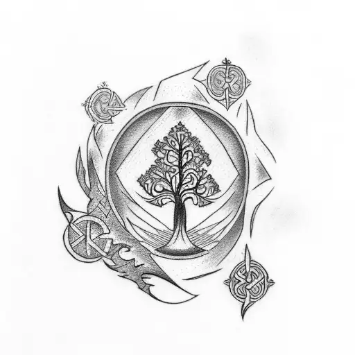 Create A Tattoo Featuring A Stylized Nordic Tree Of Life Surrounded By A Border Of Nordic Runes
