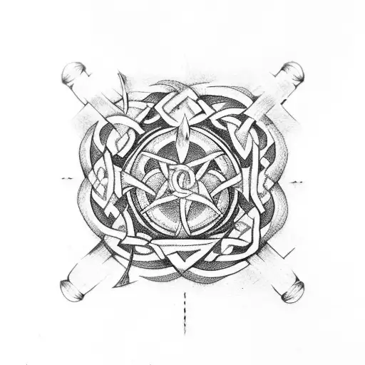 An Intricate Celtic Knot Design Incorporating Dumbbells And Swords