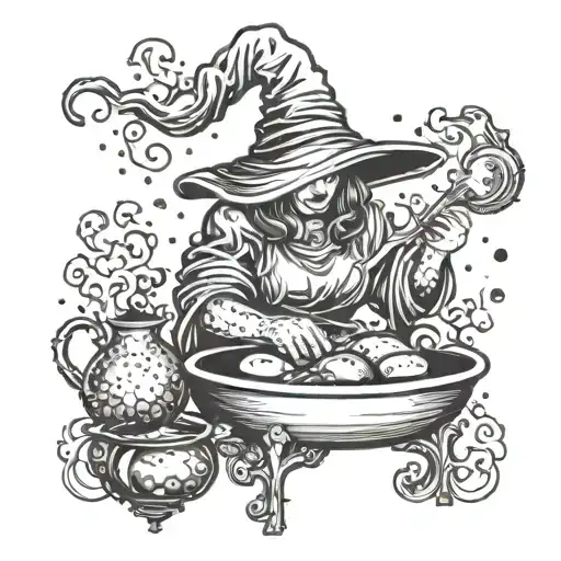 Witch Reading Recipe Book Over Couldron