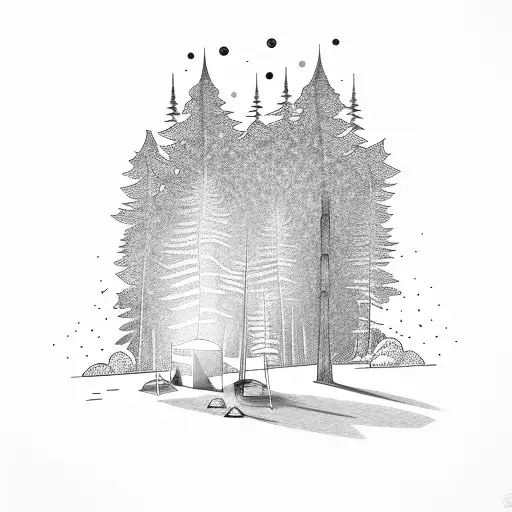 Camping Tent And Fine With Trees With Sunshine