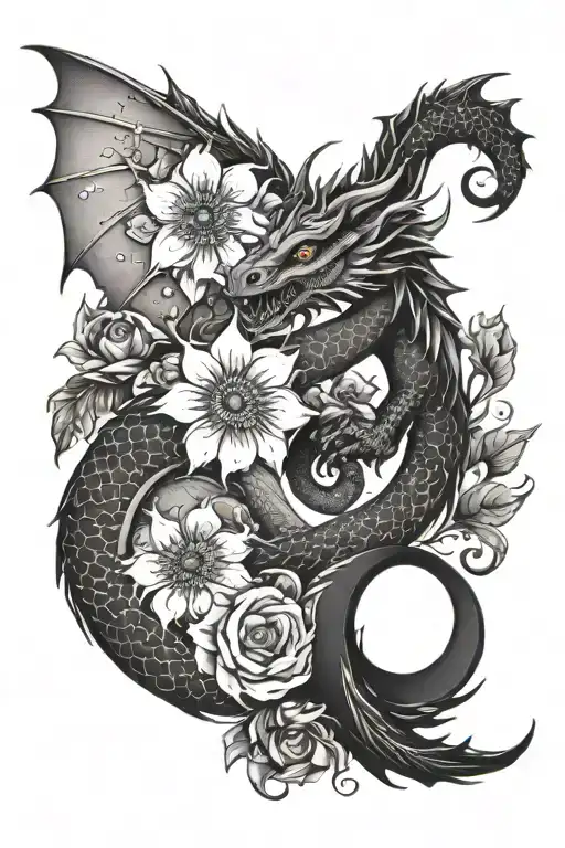 Cute Dragon Yin And Yang With Flowers Pedals Dropping