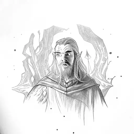 Hobbit With Colorful Cape Running In The Forest While A Bug With Big Black Eyes Hanging On His Cape