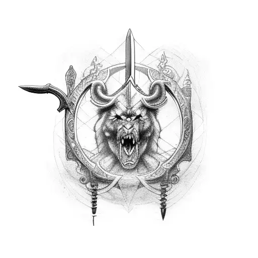 An Old Art Inspired Tattoo Of A Sword And A Big Animal Intertwined In A Mystical Design