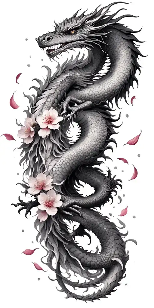 Dragon Coil And Cherry Blossom Petals Falling