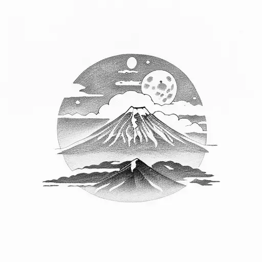 Mount Fuji With A Moon Behind And The Death In Front