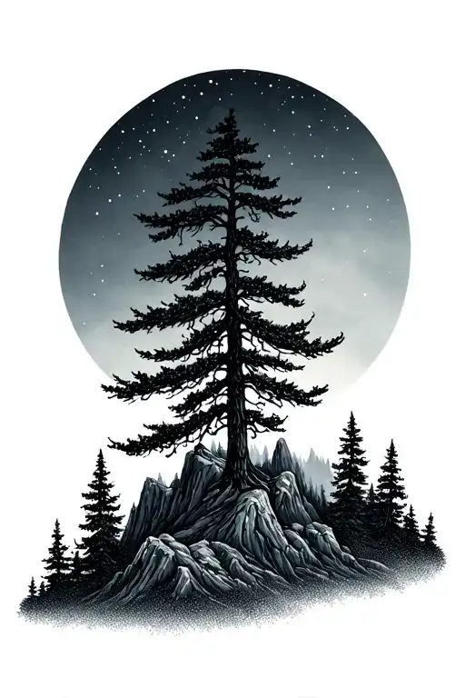 Night Forest With Mountais