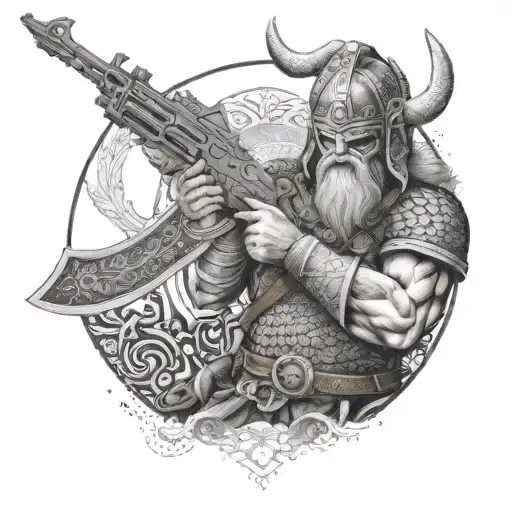Ancient Norse Warrior Wielding An Ak 47 In A Dotwork Style