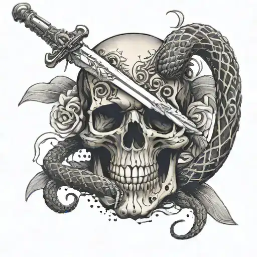 A Sword In A Skull And A Snake Wrapped Around It Tattoo