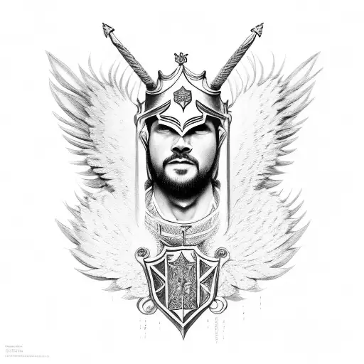 Kneeling Knight Looking At A Shield That Has Cherub Wings