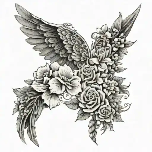 An Intricate Design Featuring Angel Wings Intertwined With Flowers And Music Notes