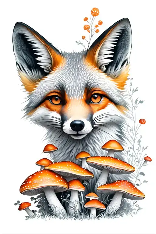Elegant And Mischievous Gray Fox Portrait With Psychedelic Mushrooms Framing It