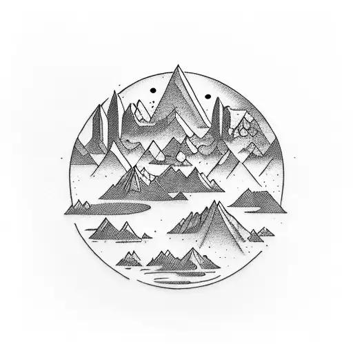 Little Mountain Design Inside A Square And Little Waves Design Inside A Circle